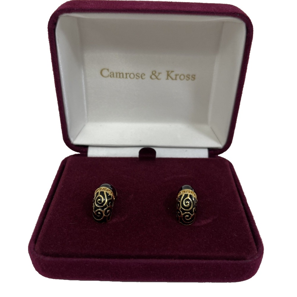 VTG Camrose & Kross Earrings JB Kennedy 1/2" Hoop Posts Black Gold Tone in Box